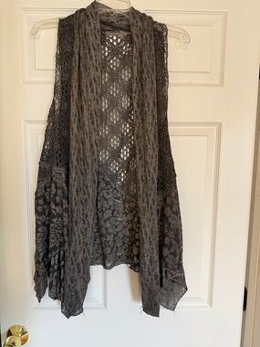 Crochet & Textured Open Front Vest in Charcoal Gray